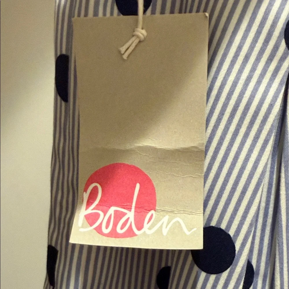 Boden Navy Polka Dot A-Line Midi Skirt on White Pinstripe - Picture 2 of 4